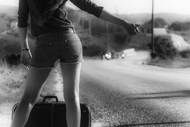 woman butt hitchhike travel road adventure street 
