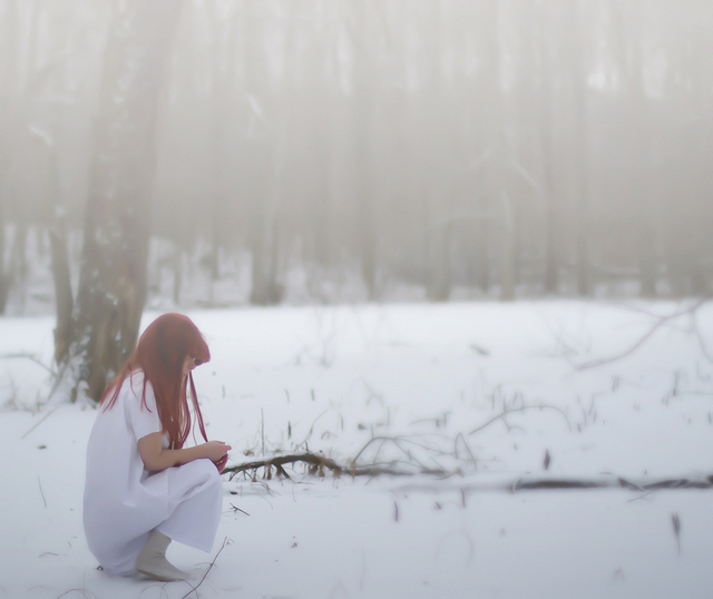 women snow forest silence quiet