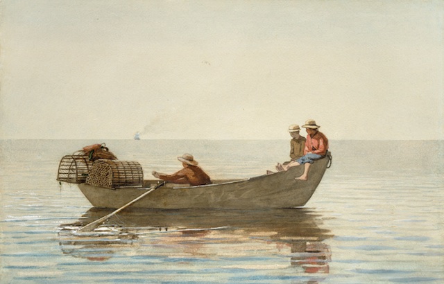 Three boys in a dory with lobster pots 