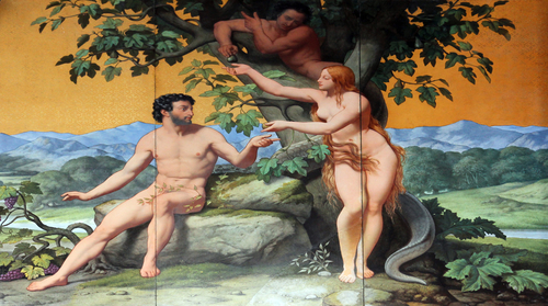 Adam and Eve, painting on the facade, Saint Vincent de Paul church, Paris