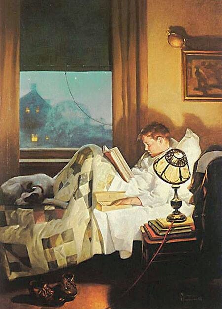 norman rockwell boy reading book home