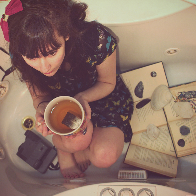 girl dreamer tub thinking writer tea space home