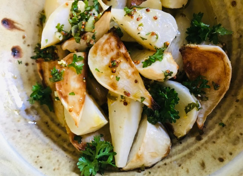 Get out of your Veggie Rut with Roasted Turnips in Mustard Vinaigrette
