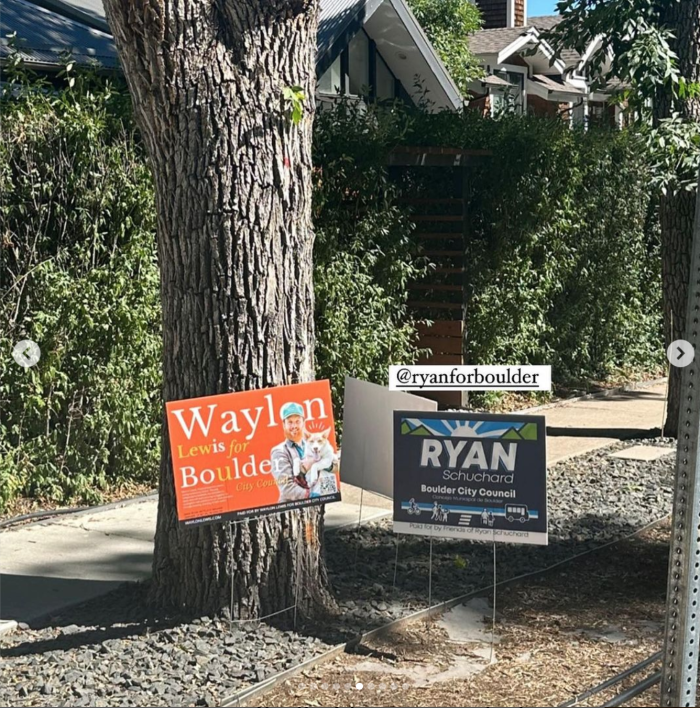 A fun, colorful yard sign displaying support for Waylon for Boulder City Council.